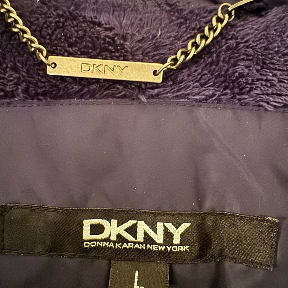 DKNY Blue Puffer Jacket with Faux Fur Hood - Picture 2 of 4